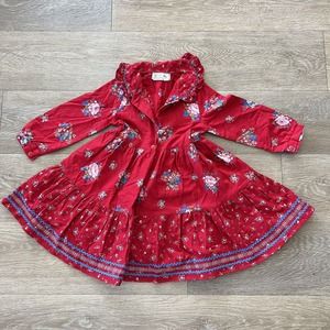 Jacadi Girls Size 4 Red Floral Long Sleeve Dress Ruffled Collar Made in France